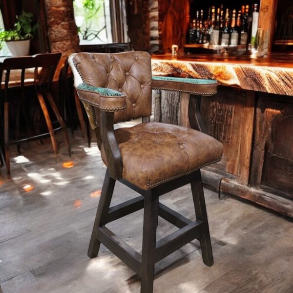Apache Tufted Leather Barstool W/ Axis-hide back and Textured Leather Arms