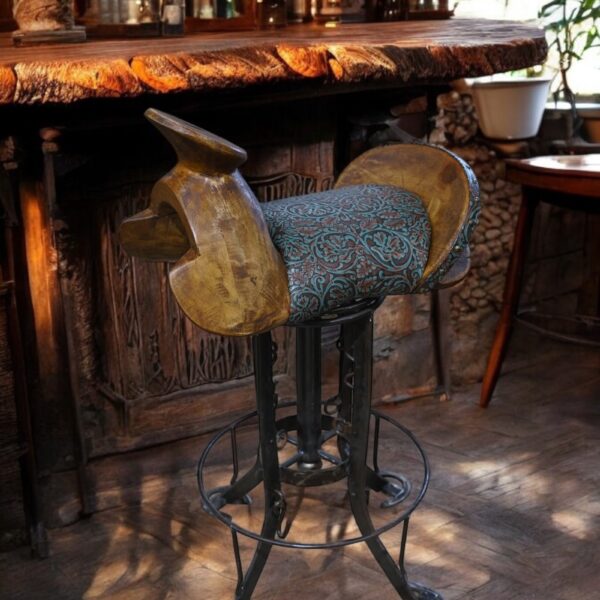 Botanical Textured Leather Saddle Barstool W/ Horseshoe Feet