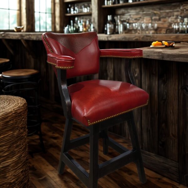 Crimson Leather Armed Barstool W/ Textured Leather Yoke